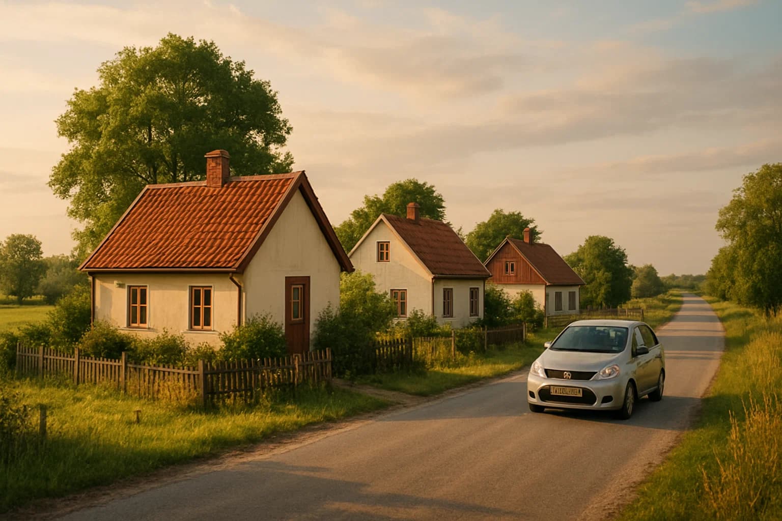 A car driving through a village