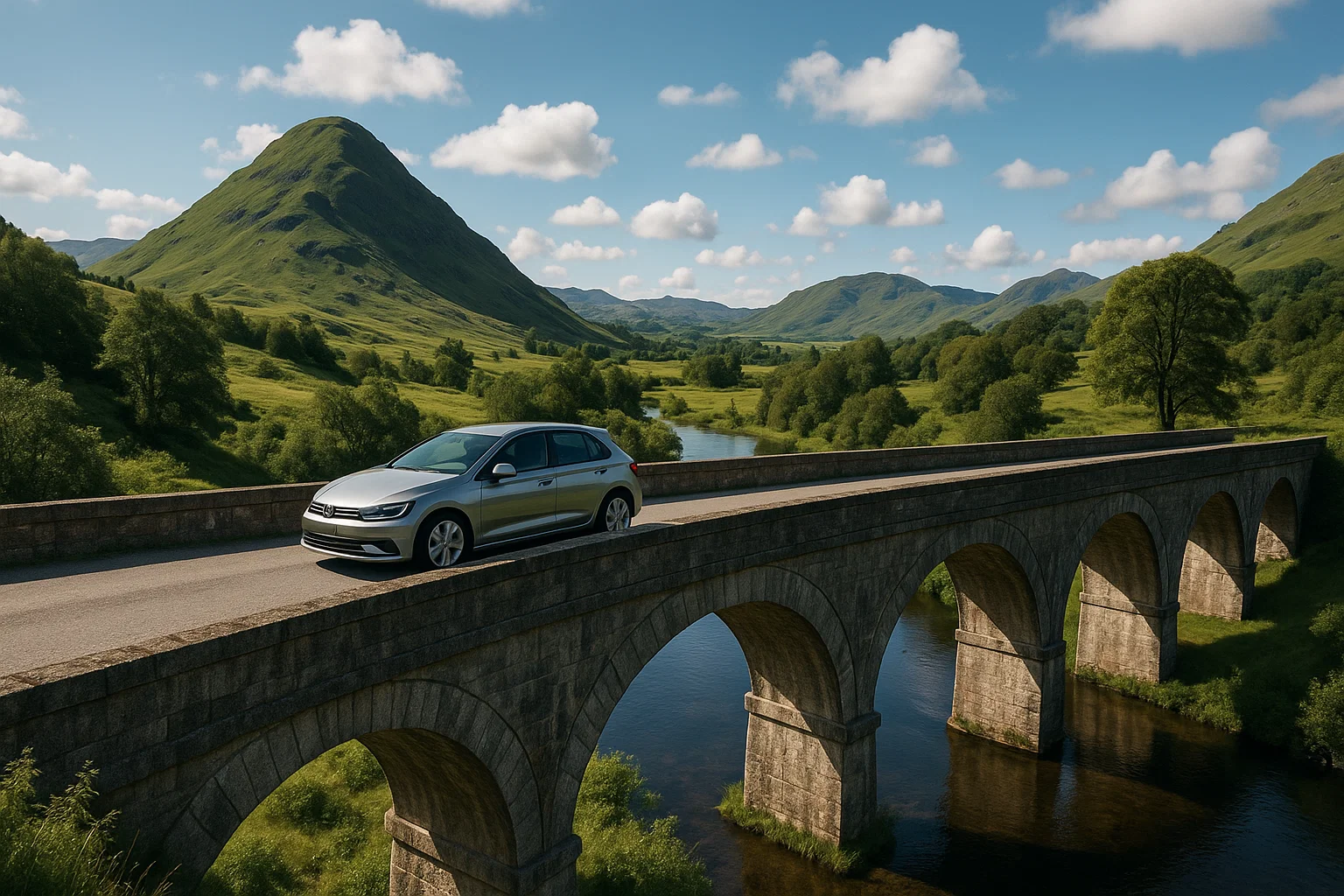 A car driving over a bridge